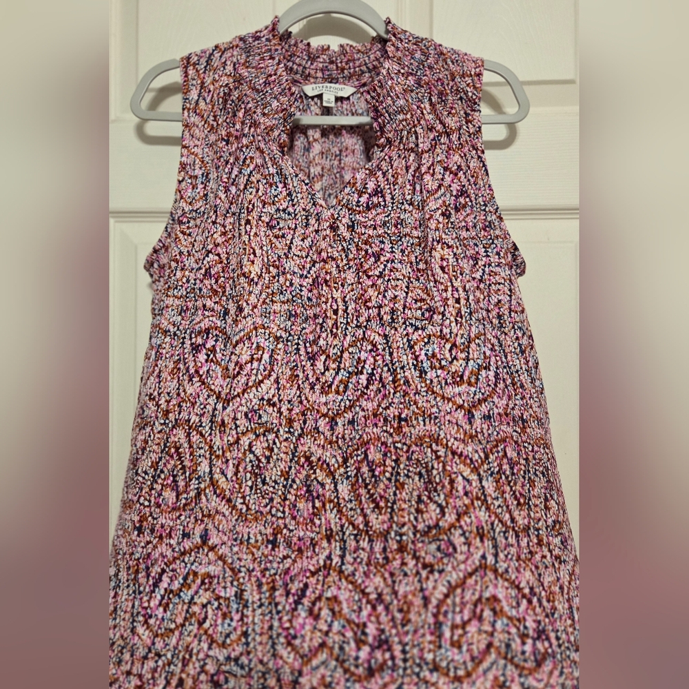 Liverpool Los Angeles Pink Multicolor Boho Smocked Sleeveless Top Size M/L